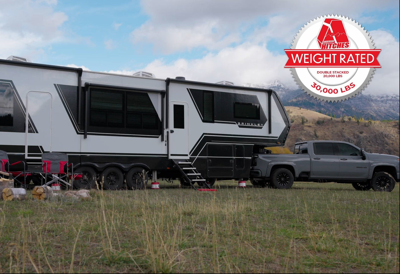5th Wheel Trailer on Andersen Hitches 8 Inch Jack Blocks. Badge on top right shows that the 4 inch trailer jack blocks are weight rated up to 30,000 LBS.