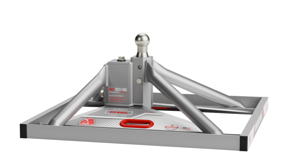 3221_TBX_Right_Side_Angle_View. Lightweight 5th Wheel Hitch for truck beds with toolbox.