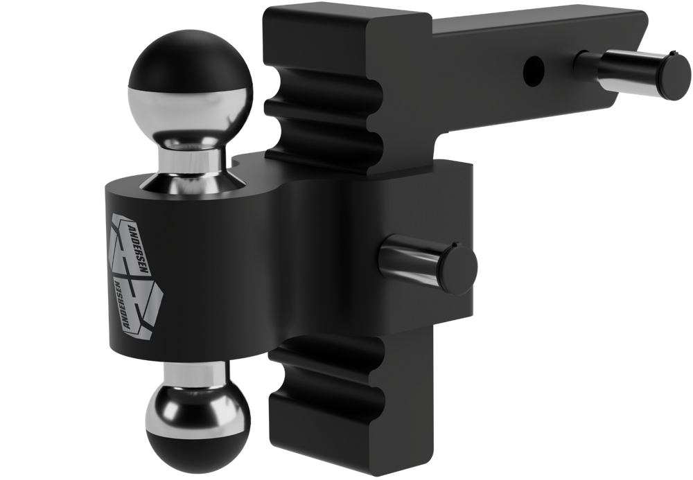 Andersen Hitches Anodized Black Rapid Hitch with Locking Pins on transparent background.