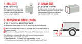 Guide for choosing 2-inch or 2-5/16 inch ball sizes and measuring hitch receiver shanks and drop/rise adjustment rack lengths for level towing.