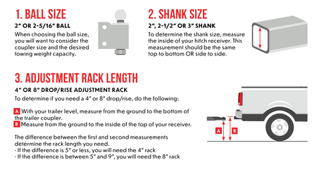 Guide for choosing 2-inch or 2-5/16 inch ball sizes and measuring hitch receiver shanks and drop/rise adjustment rack lengths for level towing.