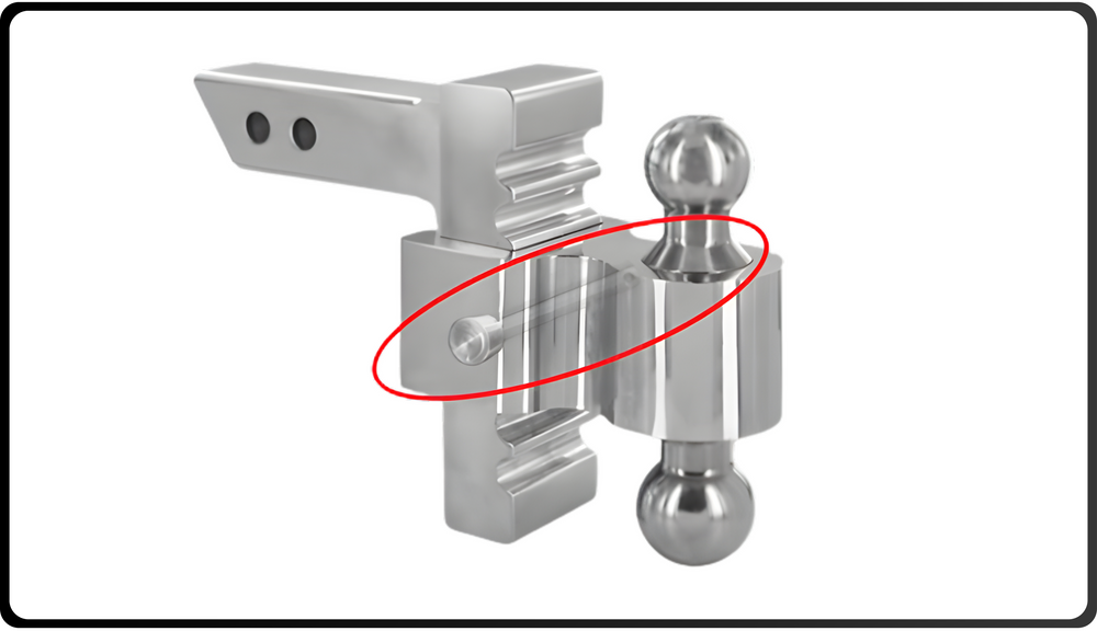 An Andersen Hitches Rapid Hitch with an Andersen Hitches Locking pin. You can see the locking pin inside of the hitch.