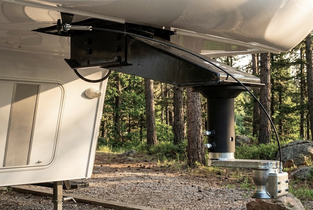 A trailer with an Andersen Hitches Ranch Hitch Adapter in the outdoors.