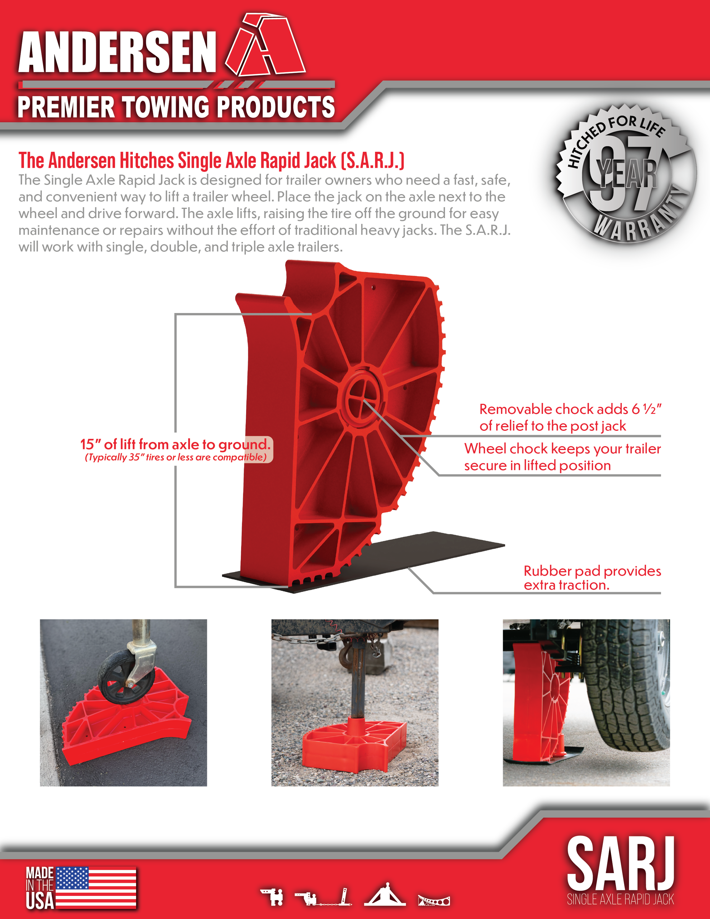 Information Sheet of the Single Axle Rapid Jack (S.A.R.J) showing all of its capabilities.