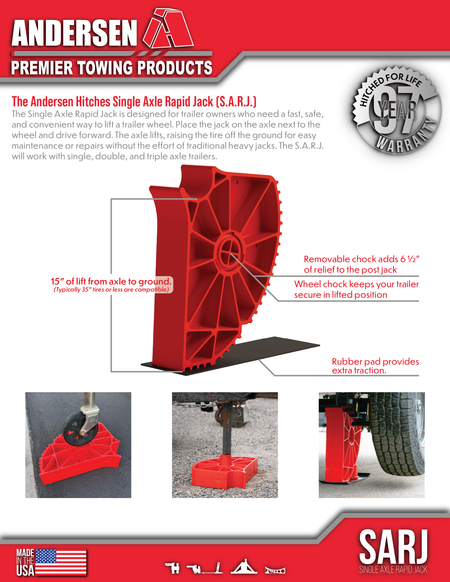 Information Sheet of the Single Axle Rapid Jack (S.A.R.J) showing all of its capabilities.