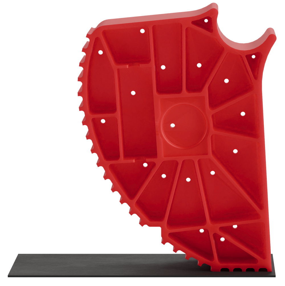 The Andersen Single Axle Rapid Jack (S.A.R.J) in an upright position. Transparent background. Also shows rubber pad/mat under to help add grip.