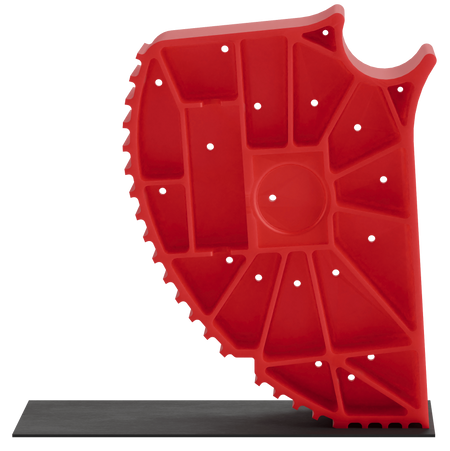 The Andersen Single Axle Rapid Jack (S.A.R.J) in an upright position. Transparent background. Also shows rubber pad/mat under to help add grip.