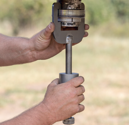 Installing an Andersen Ranch Hitch 5th wheel to gooseneck adapter using the #3103 Slide Hammer tool to secure the split collar halves to the trailer kingpin in a more square image.