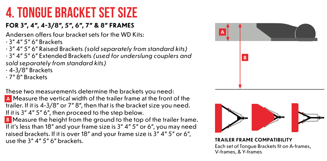 Measurement instructions for selecting Andersen tongue bracket sets for 3-inch to 8-inch trailer frames, compatible with A-frame, V-frame, and Y-frame designs.