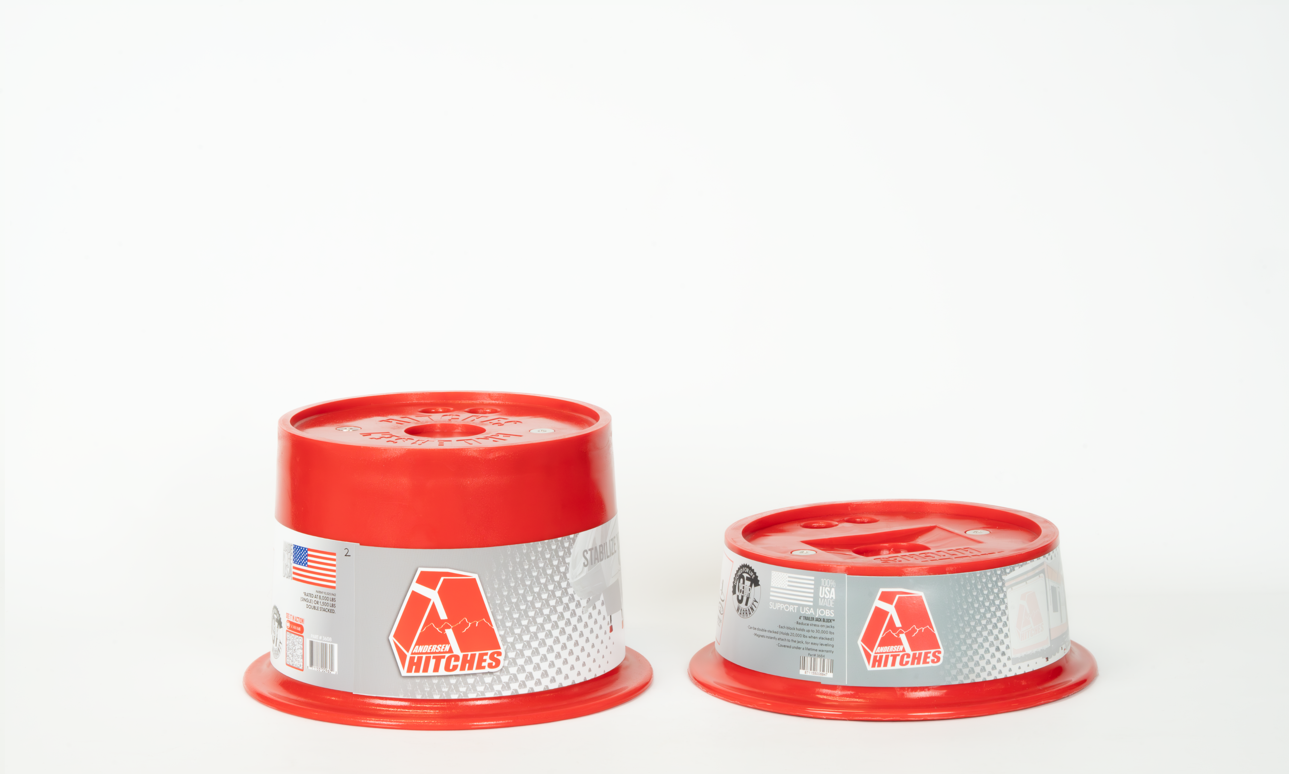 Andersen Hitches 4 Inch and 8 Inch Trailer Jack blocks with white background. Showing another side of the branding.