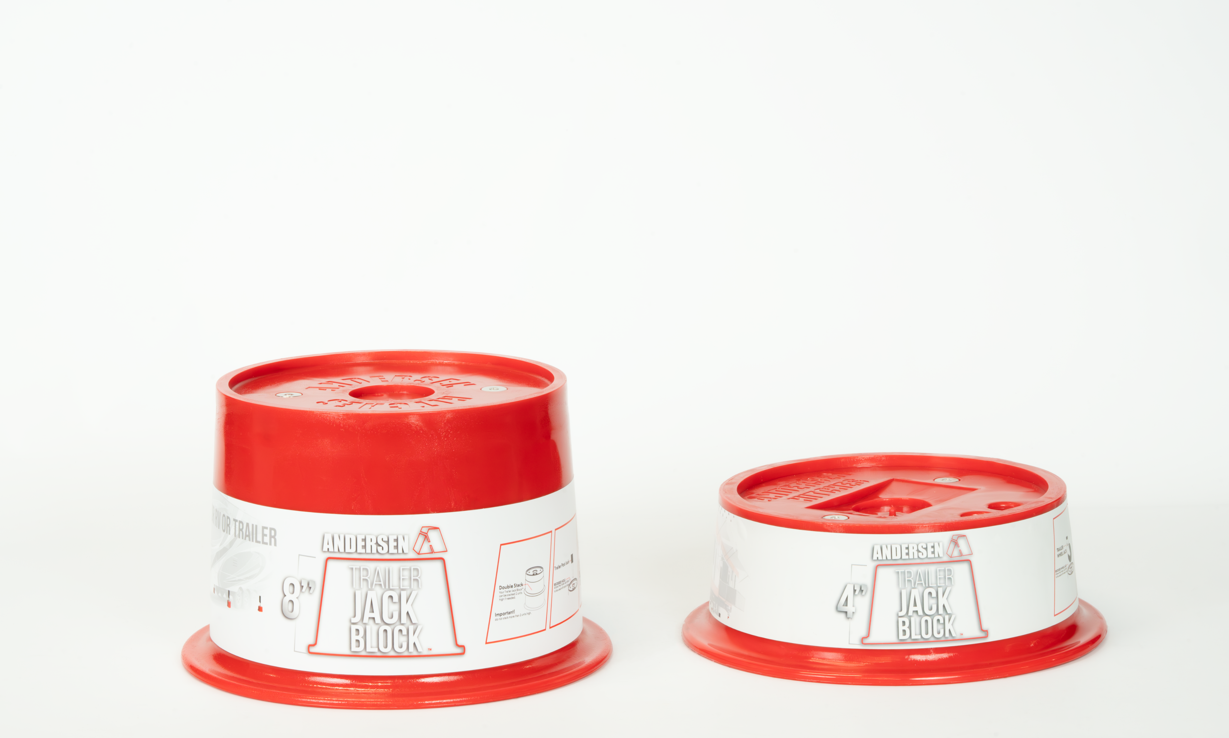 Andersen Hitches 4 Inch and 8 Inch Trailer Jack blocks with white background. Showing one side of the branding.