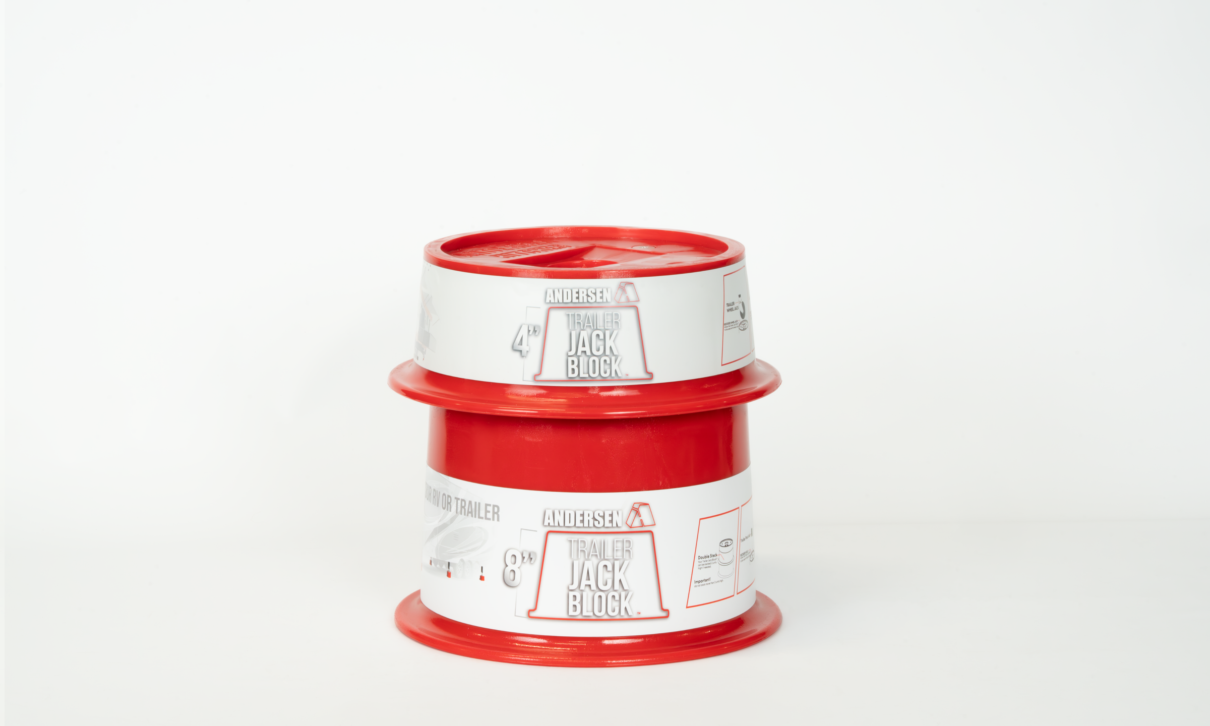 Andersen Hitches 4 Inch and 8 Inch Trailer Jack blocks with white background. 4inch and 8inch Trailer Jack Block stacked together.