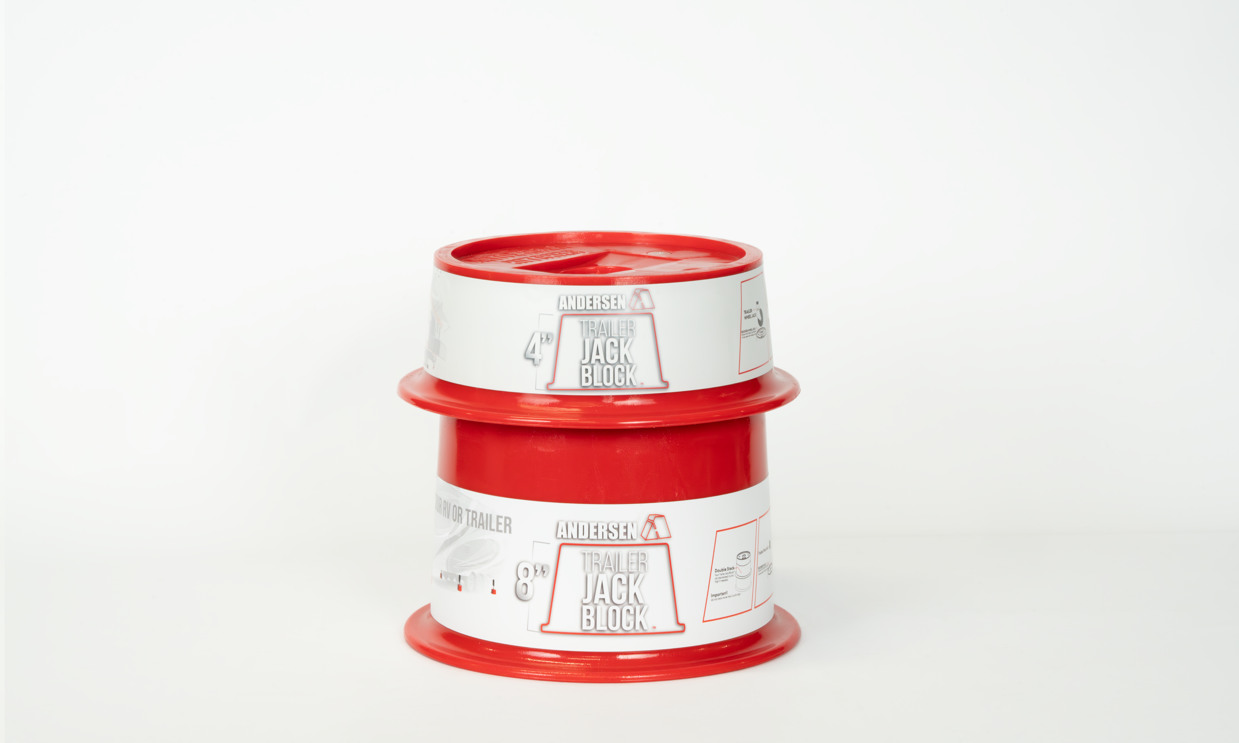 Andersen Hitches 4 Inch and 8 Inch Trailer Jack blocks with white background. 4inch and 8inch Trailer Jack Block stacked together.