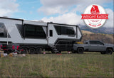 5th Wheel Trailer on Andersen Hitches 8 Inch Jack Blocks. Badge on top right shows that the 4 inch trailer jack blocks are weight rated up to 30,000 LBS.