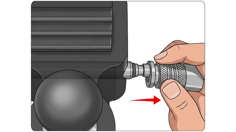 Hand pushing the Rapid Pin quick-connect head back onto the shaft, auto-locked position